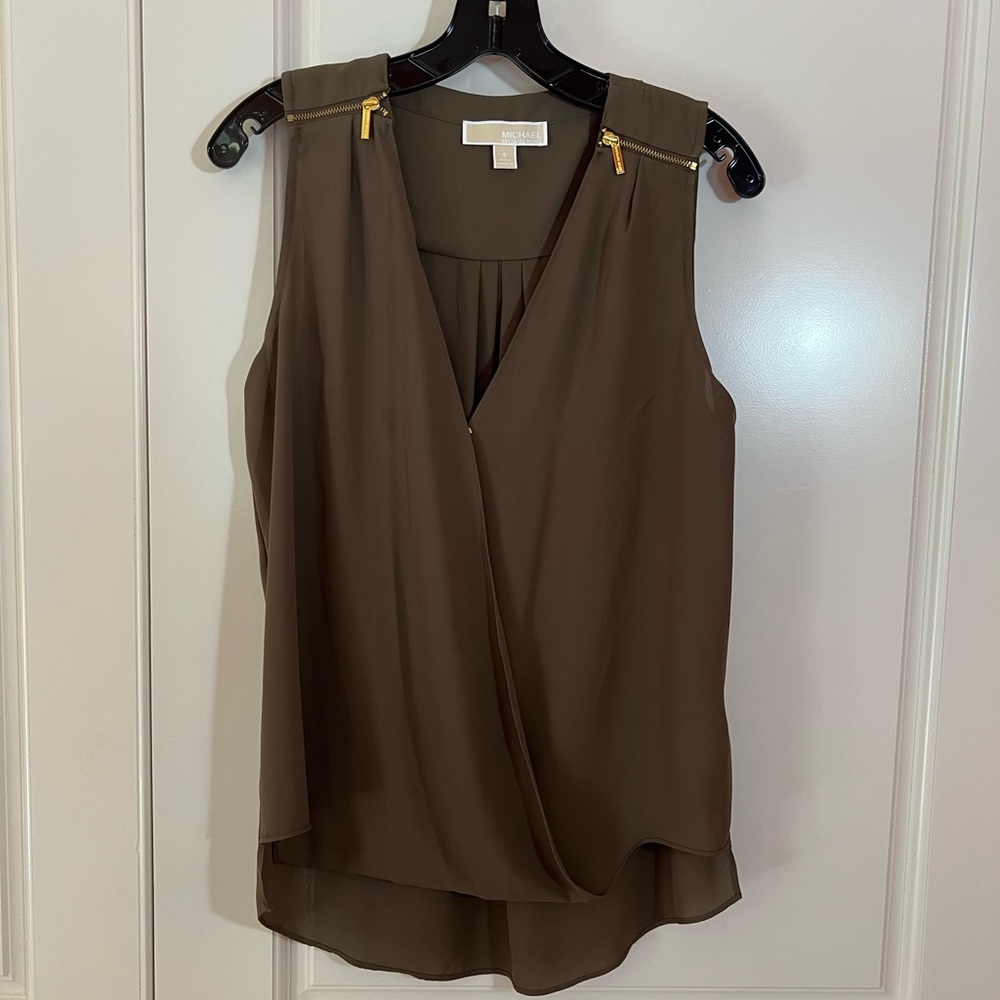 Michael Kors olive green Sleeveless Blouse with Gold Accents